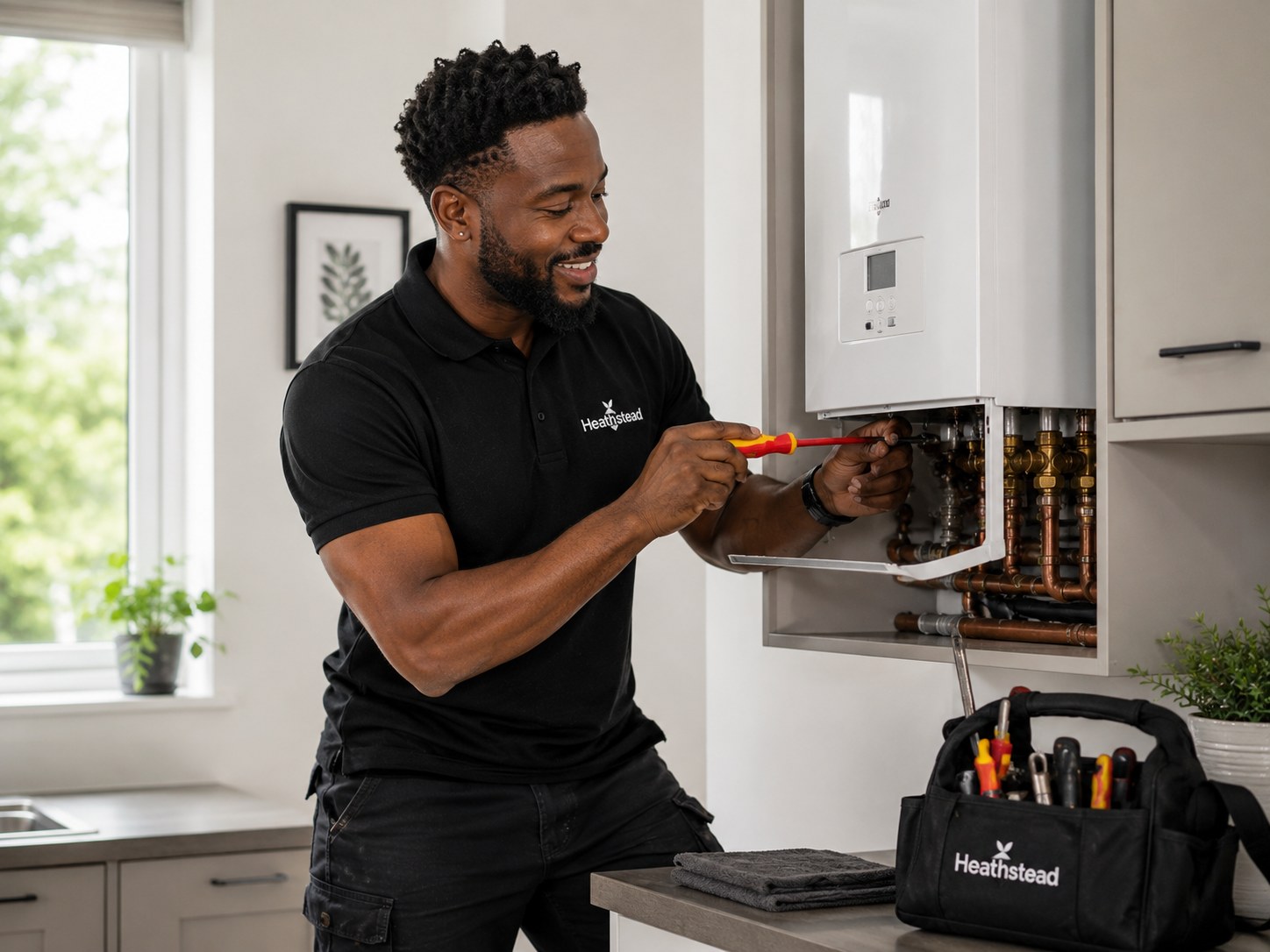 Heathstead engineer with boiler testing equipment