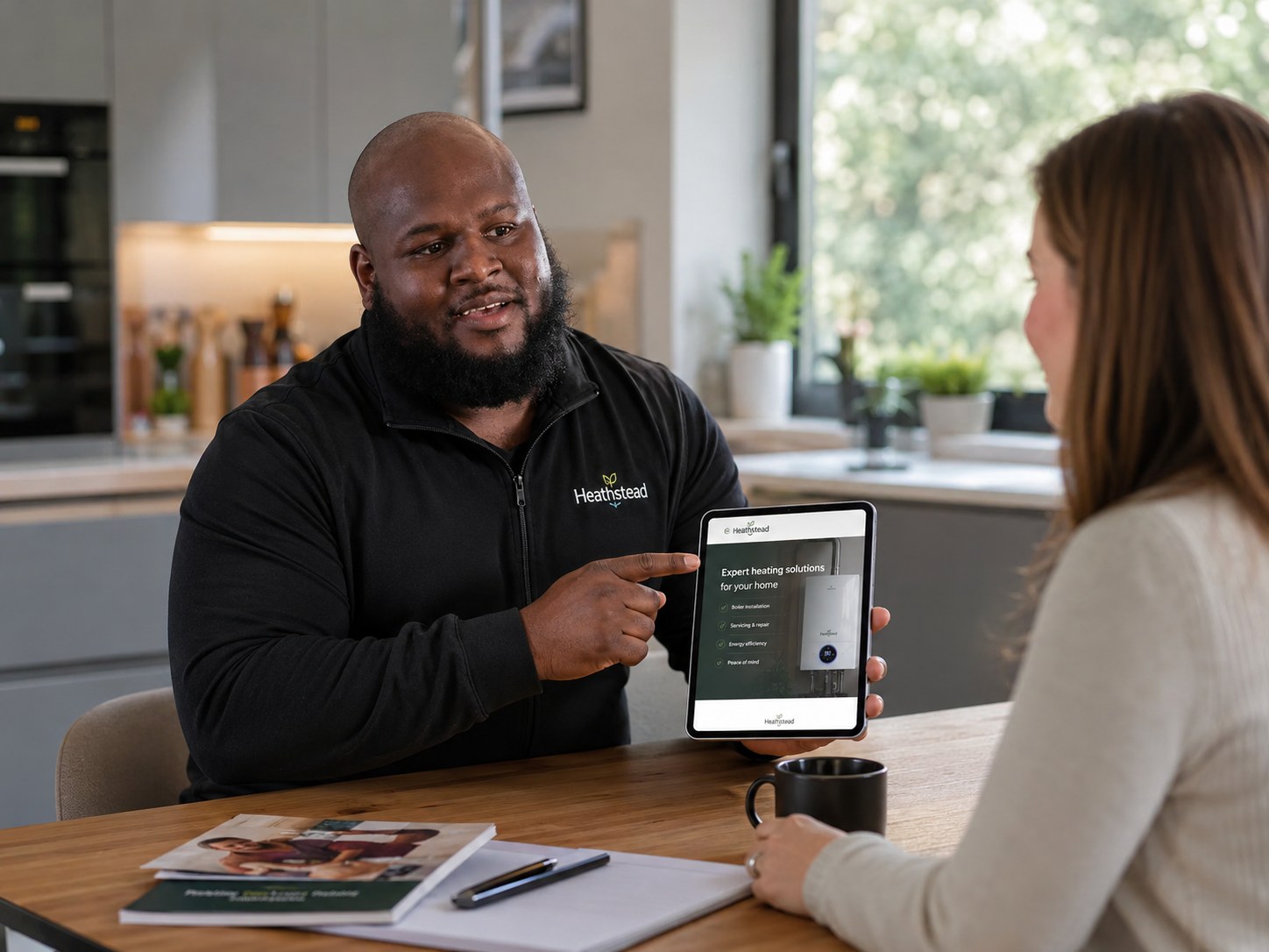 Heathstead engineer speaking with a customer by a boiler